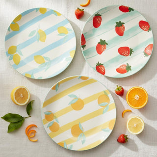 Set of 3 Side Plates, 19.5cm Ceramic Plates Summer Fruit Design for Picnic, BBQ