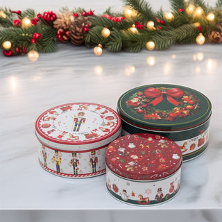 Set of 3 Traditional Christmas Storage Tins | 3 - piece Round Kitchen Nesting Tins