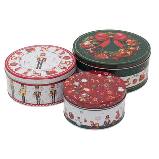 Set of 3 Traditional Christmas Storage Tins | 3 - piece Round Kitchen Nesting Tins