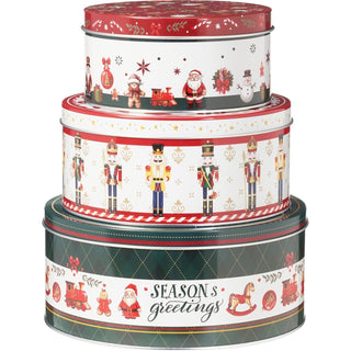 Set of 3 Traditional Christmas Storage Tins | 3 - piece Round Kitchen Nesting Tins