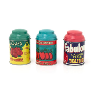 Set of 3 Vintage Style Mini Tins | Retro Metal Tomato Storage Jars - 10cm