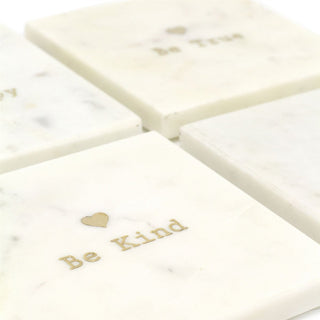 Set Of 4 Assorted Natural White And Gold Marble Coasters | 4 Piece Metallic Gold Heart Inlay Be Coasters | Square Cup Mug Table Mats Coaster