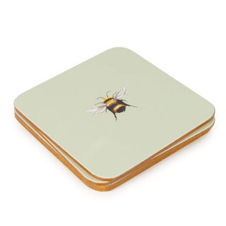 Set of 4 Bee Coasters, 10.5cm Cork Backed Green Drinks Coaster Set