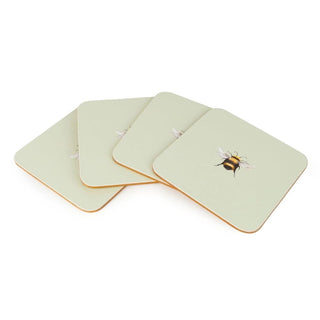 Set of 4 Bee Coasters, 10.5cm Cork Backed Green Drinks Coaster Set