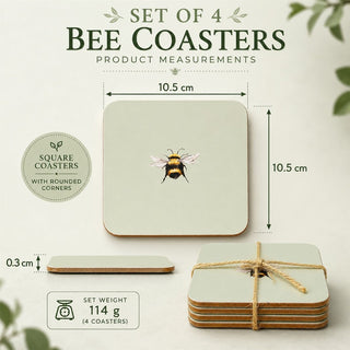 Set of 4 Bee Coasters, 10.5cm Cork Backed Green Drinks Coaster Set