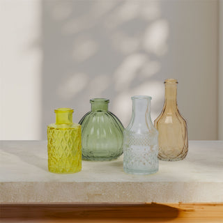 Set of 4 Coloured Glass Bud Vases | Citrus Vintage Mini Glass Flower Vases