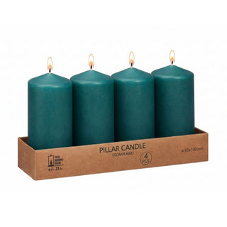 Set of 4 Dark Teal Pillar Candles, 4 Unscented Classic Wax Candles 10x5cm