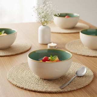 Set of 4 Green Stoneware Bowls, 580ml Reactive Glaze Cereal Soup Bowls