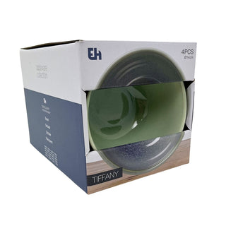 Set of 4 Green Stoneware Bowls, 580ml Reactive Glaze Cereal Soup Bowls