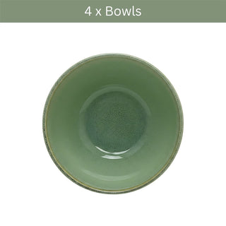 Set of 4 Green Stoneware Bowls, 580ml Reactive Glaze Cereal Soup Bowls