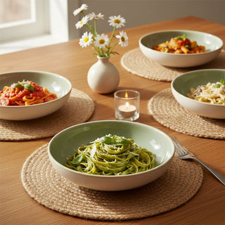 Set of 4 Green Stoneware Deep Plates, 22cm Reactive Glaze Pasta Bowl Dishes
