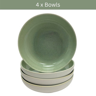 Set of 4 Green Stoneware Deep Plates, 22cm Reactive Glaze Pasta Bowl Dishes