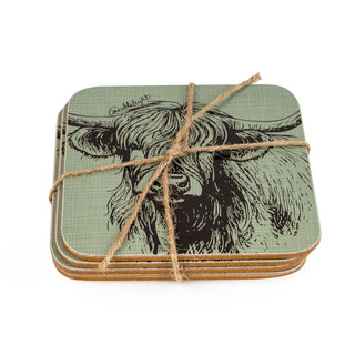 Set of 4 Highland Cow Coasters with Cork Backing, 10cm Green Square Coaster Set