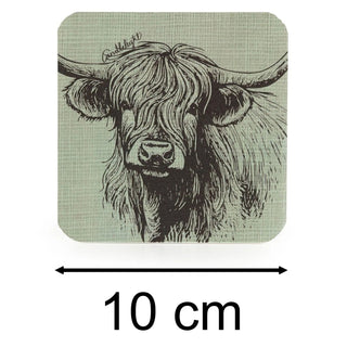 Set of 4 Highland Cow Coasters with Cork Backing, 10cm Green Square Coaster Set