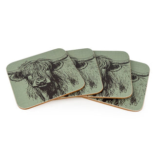 Set of 4 Highland Cow Coasters with Cork Backing, 10cm Green Square Coaster Set
