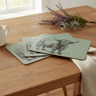 Set of 4 Highland Cow Placemats, 29x21.5cm Sage Green Cork Backed Table Mats