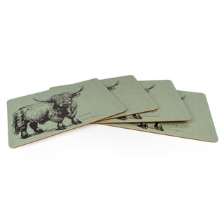 Set of 4 Highland Cow Placemats, 29x21.5cm Sage Green Cork Backed Table Mats