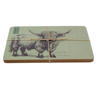 Set of 4 Highland Cow Placemats, 29x21.5cm Sage Green Cork Backed Table Mats