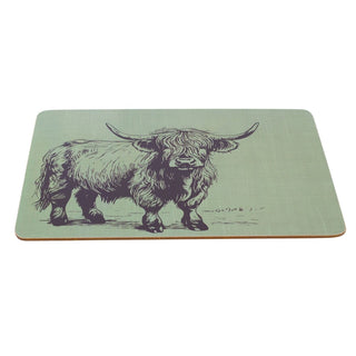 Set of 4 Highland Cow Placemats, 29x21.5cm Sage Green Cork Backed Table Mats
