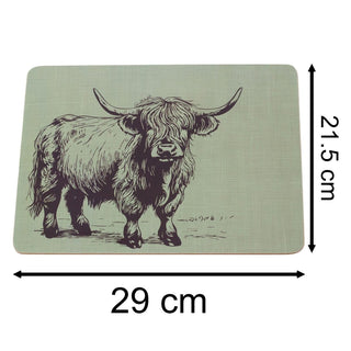 Set of 4 Highland Cow Placemats, 29x21.5cm Sage Green Cork Backed Table Mats