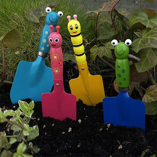 Set of 4 Kids Garden Hand Trowels Colourful Insect Wooden Handles, Garden Tools