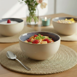 Set of 4 Light Blue Stoneware Bowls, 580ml Reactive Glaze Cereal Soup Bowls