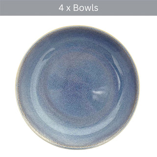 Set of 4 Light Blue Stoneware Deep Plates, 22cm Reactive Glaze Pasta Bowl Dishes