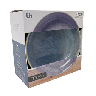 Set of 4 Light Blue Stoneware Deep Plates, 22cm Reactive Glaze Pasta Bowl Dishes