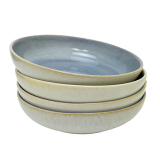 Set of 4 Light Blue Stoneware Deep Plates, 22cm Reactive Glaze Pasta Bowl Dishes