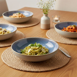 Set of 4 Light Blue Stoneware Deep Plates, 22cm Reactive Glaze Pasta Bowl Dishes