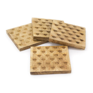 Set Of 4 Mango Wood Heart Embossed Coasters | 4 Piece Rustic Coasters With Holder Cup Mug Table Mats | Wooden Square Drinks Coaster Set