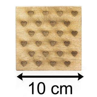 Set Of 4 Mango Wood Heart Embossed Coasters | 4 Piece Rustic Coasters With Holder Cup Mug Table Mats | Wooden Square Drinks Coaster Set