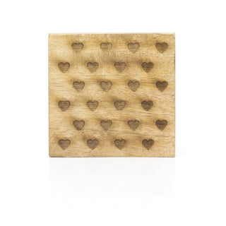 Set Of 4 Mango Wood Heart Embossed Coasters | 4 Piece Rustic Coasters With Holder Cup Mug Table Mats | Wooden Square Drinks Coaster Set