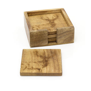 Set Of 4 Mango Wood Majestic Stag Coasters | 4 Piece Rustic Deer Coasters With Holder Cup Mug Table Mats | Wooden Square Drinks Coaster Set