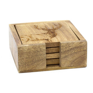 Set Of 4 Mango Wood Majestic Stag Coasters | 4 Piece Rustic Deer Coasters With Holder Cup Mug Table Mats | Wooden Square Drinks Coaster Set