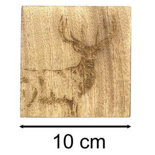 Set Of 4 Mango Wood Majestic Stag Coasters | 4 Piece Rustic Deer Coasters With Holder Cup Mug Table Mats | Wooden Square Drinks Coaster Set