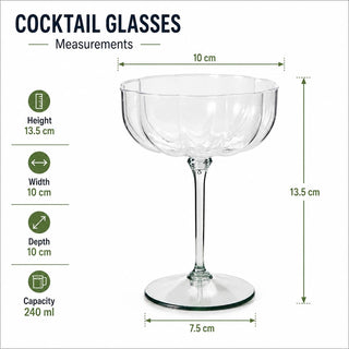 Set of 4 Plastic cocktail Glasses, Clear Scalloped Retro Coupe Stemware 240 ml