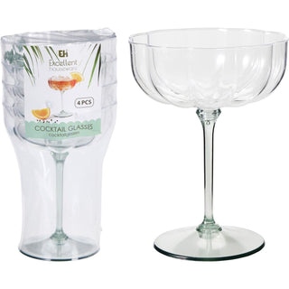 Set of 4 Plastic cocktail Glasses, Clear Scalloped Retro Coupe Stemware 240 ml