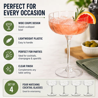 Set of 4 Plastic cocktail Glasses, Clear Scalloped Retro Coupe Stemware 240 ml