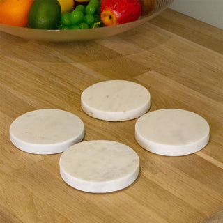 Set of 4 Round White Marble Coasters | 4 Piece Natural Stone Coaster Set - 10cm