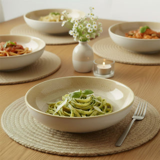 Set of 4 Sandstone Stoneware Deep Plates, 22cm Reactive Glaze Pasta Bowl Dishes