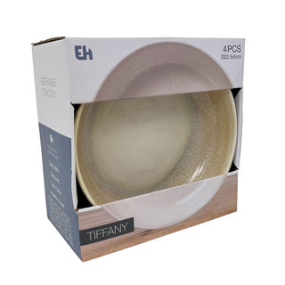 Set of 4 Sandstone Stoneware Deep Plates, 22cm Reactive Glaze Pasta Bowl Dishes