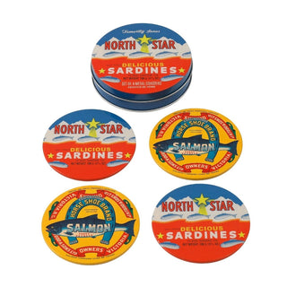Set of 4 Sardines Vintage Style Metal Coasters with Storage Tin | Retro Coasters Quirky, Fun & Durable for Home Bar or Coffee Table