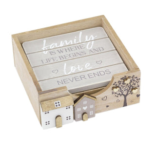 Set Of 4 Shabby Chic House Design Wooden Coasters | Family Friends Quotes Coasters With Holder Cup Mug Table Mats | Wood Drinks Coaster Set