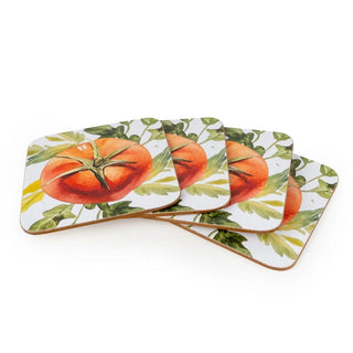 Set of 4 Tomato Coasters | 10cm Cork Backed Gardening Square Drinks Coasters