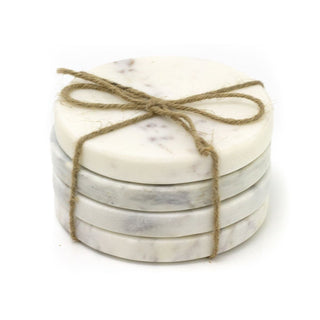 Set Of 4 White Marble Coasters | 4 Piece Round Natural Stone Marble Coaster Set