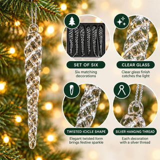 Set of 6 Glass Icicle Christmas Tree Decorations, Gisela Graham Clear Twists