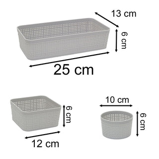 Set of 6 Grey Plastic Storage Baskets, Woven Style Organiser Bins Assorted Sizes