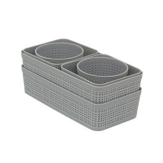 Set of 6 Grey Plastic Storage Baskets, Woven Style Organiser Bins Assorted Sizes