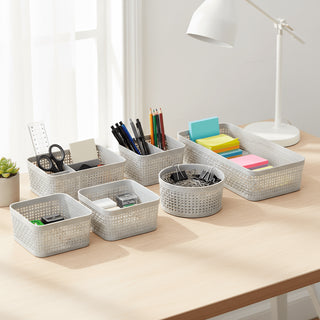 Set of 6 Grey Plastic Storage Baskets, Woven Style Organiser Bins Assorted Sizes